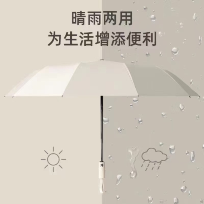 12k双龙骨全自动防晒晴雨伞 详情：加固24根双玻纤伞架，稳固抗风，颜色曜石黑，梧桐米，樱花粉，浅蓝色，藏青色，抹茶绿，酒红色 数量：8000 箱规：60 ​16.5全清，分单随机发货