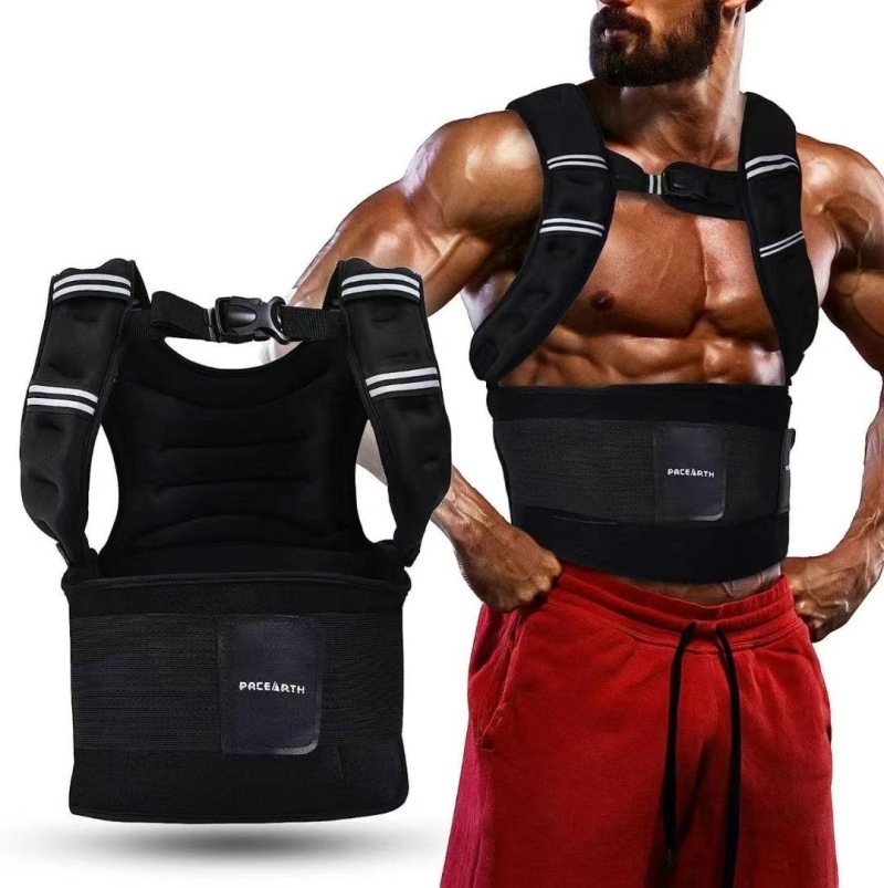 【品名】PACEARTH weighted vest with waist ttimmer 腰部支撑负重背心 【总箱数】77ctns 【包装】纸箱，纸盒 【装箱数】3PCS 【箱规】30*27*45.5cm 【产品详情】↓↓↓ ［产品规格］M,L ［材质］潜水服面料填充铁弹 ［颜色］黑色