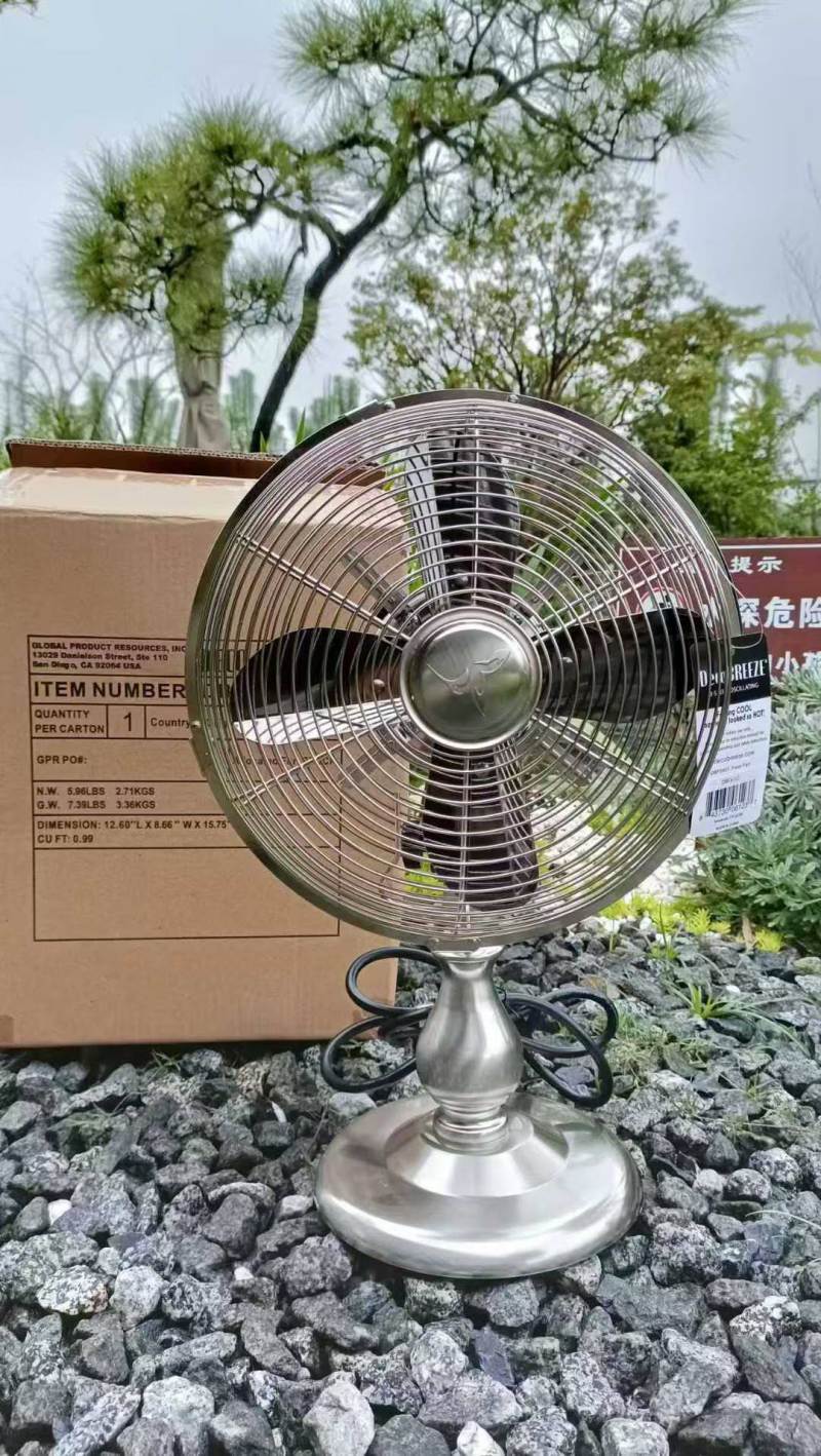 出口美国120V全金属复古风扇 12寸台扇，金属网罩 铝合金扇叶 纯铜电机，金属电机壳 金属复古杆 金属底座 重量2.64KGS，功率26W， 包装尺寸33*21.8*40.2CM 数量50PCS