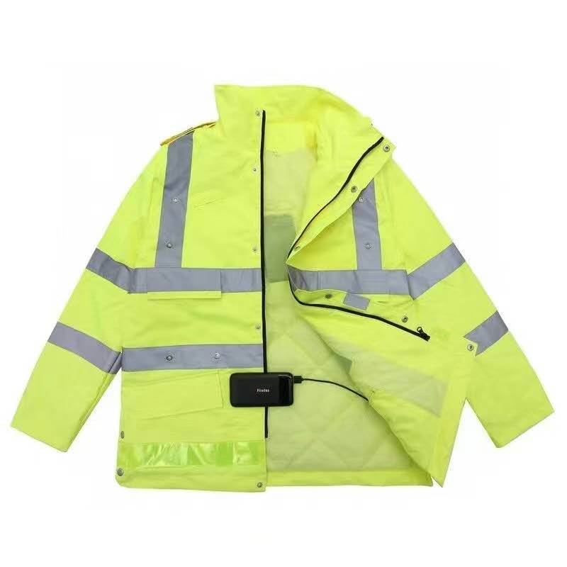 出口亚马逊品牌高档保暖发热服，高能见度LED灯，防雨防雪，真正的石墨烯发热圈，三档热度调节，ykk品牌拉链，3M反光条，前后有白+红LED灯（可快闪、慢闪、常亮三个模式），帽子可折叠隐藏，实打实的好做工，码数齐全