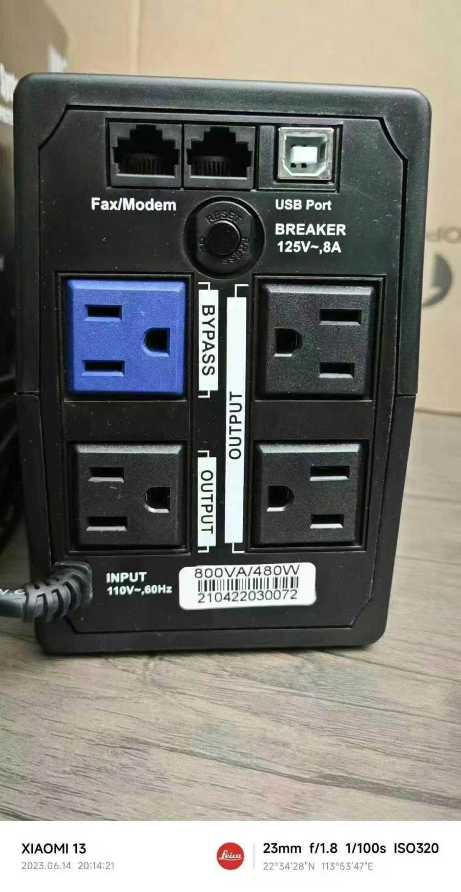 110V UPS 不间断电源系统，原箱原件500套，800VA/480W，带网络/FAX/MODEM浪涌保护插座。